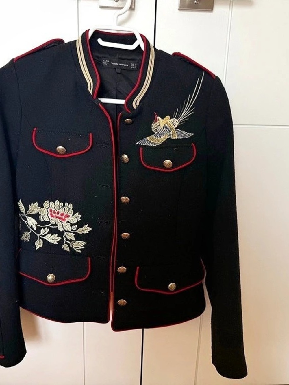 Zara Trafaluc Embroidered Bird & Floral Military Jacket Black & Red Trim XS